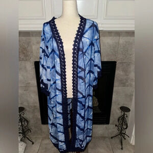 NWT LulaRoe Blue White Ocean Water Long Duster Crochet Lace Trim Womens M